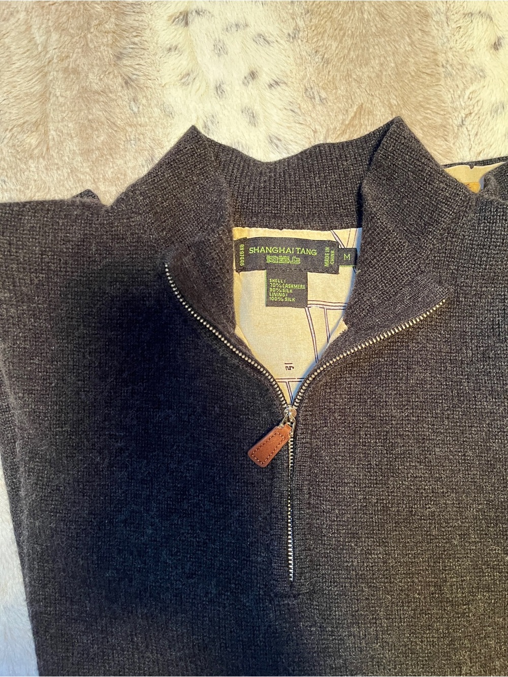 Shanghai Tang Men’s Dark Charcoal Half-Zip Cashmere Sweater - 100% Silk Lining